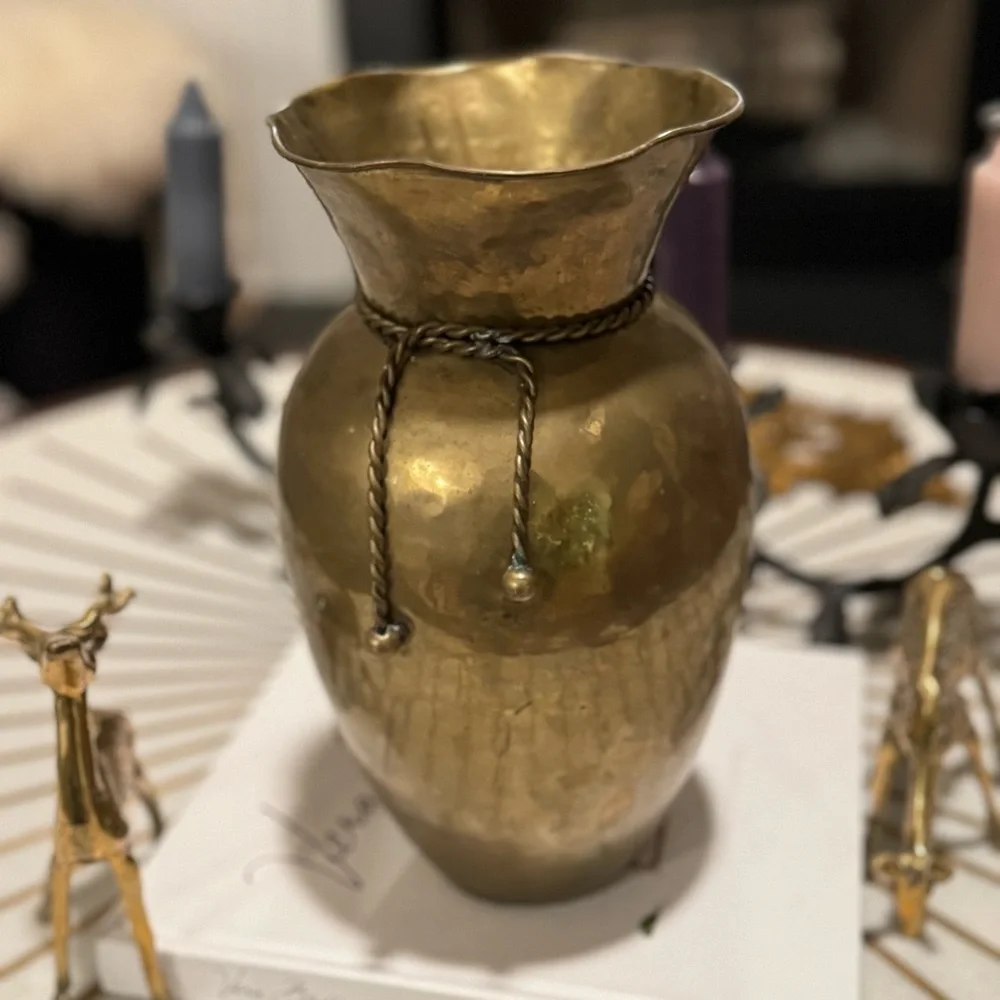 Vintage Large Hammered Brass Vase Ruffled Rim Brass Tassels 11”